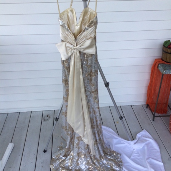 Cire’ Strapless or Halter Silver and Champagne sequine gown, size 4 - Picture 4 of 14